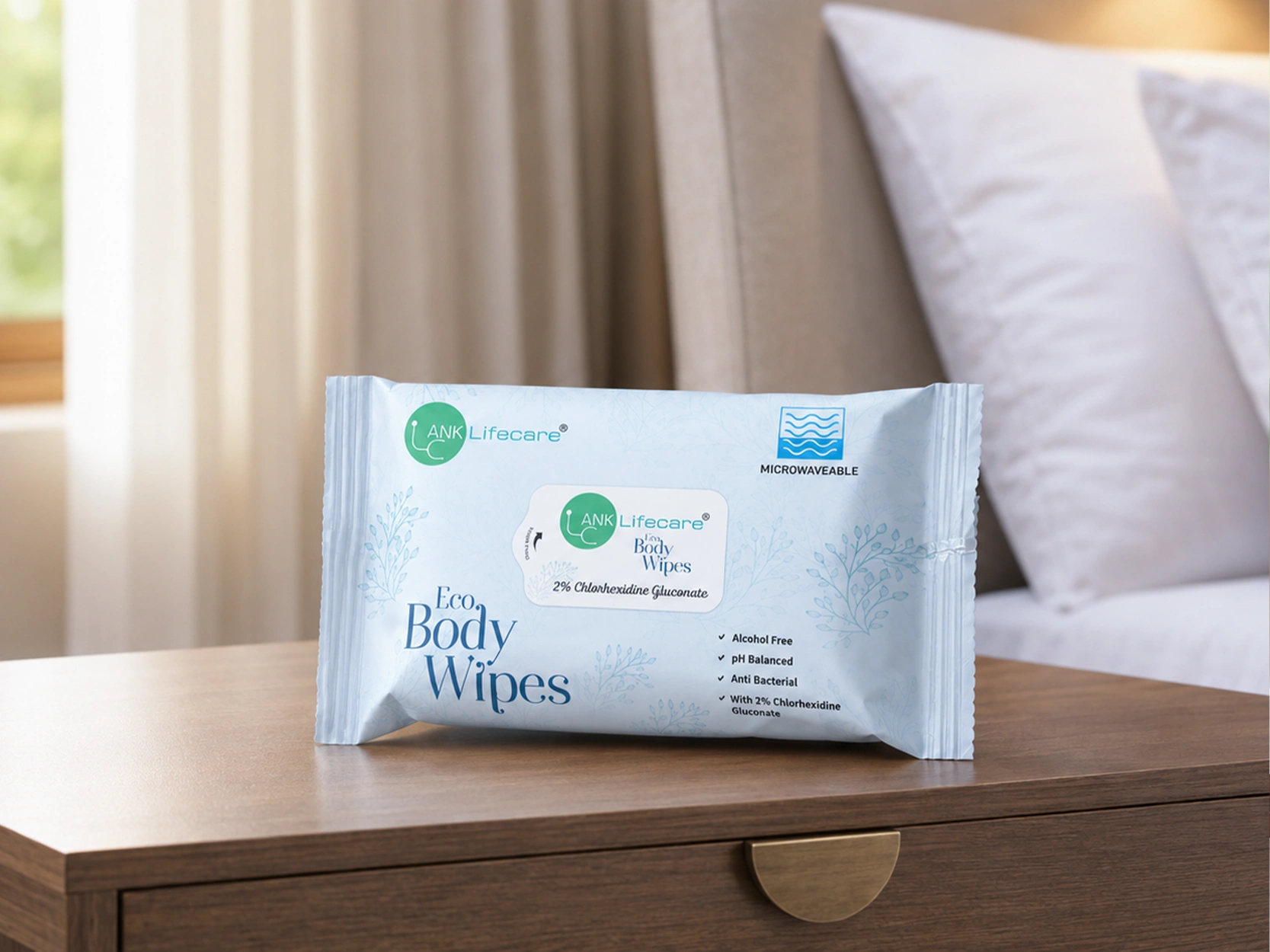 ANK Lifecare Eco Body Wipes pack, alcohol-free, pH balanced and anti-bacterial with 2% Chlorhexidine Gluconate