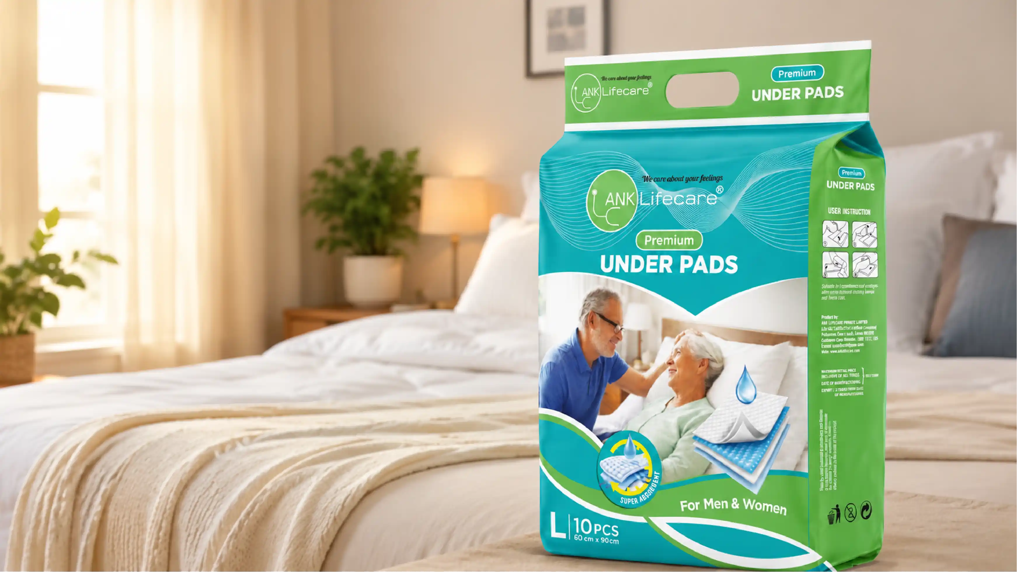 LifeCare disposable underpads laid flat on a bed