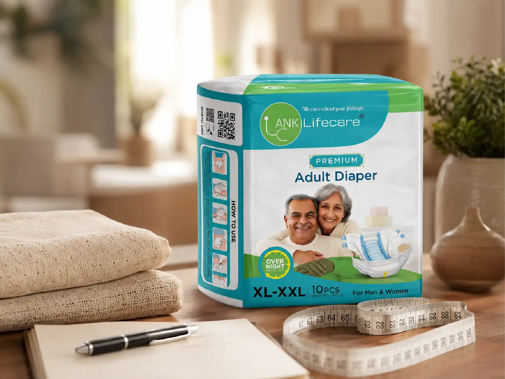 Caregiver measuring waist size with a soft tape for adult diaper sizing